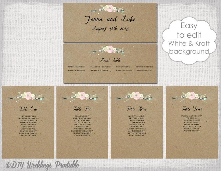 Hochzeit - Rustic Seating chart template Printable seating chart cards DIY kraft wedding table plan "Rustic Flowers" YOU EDIT Word instant Download