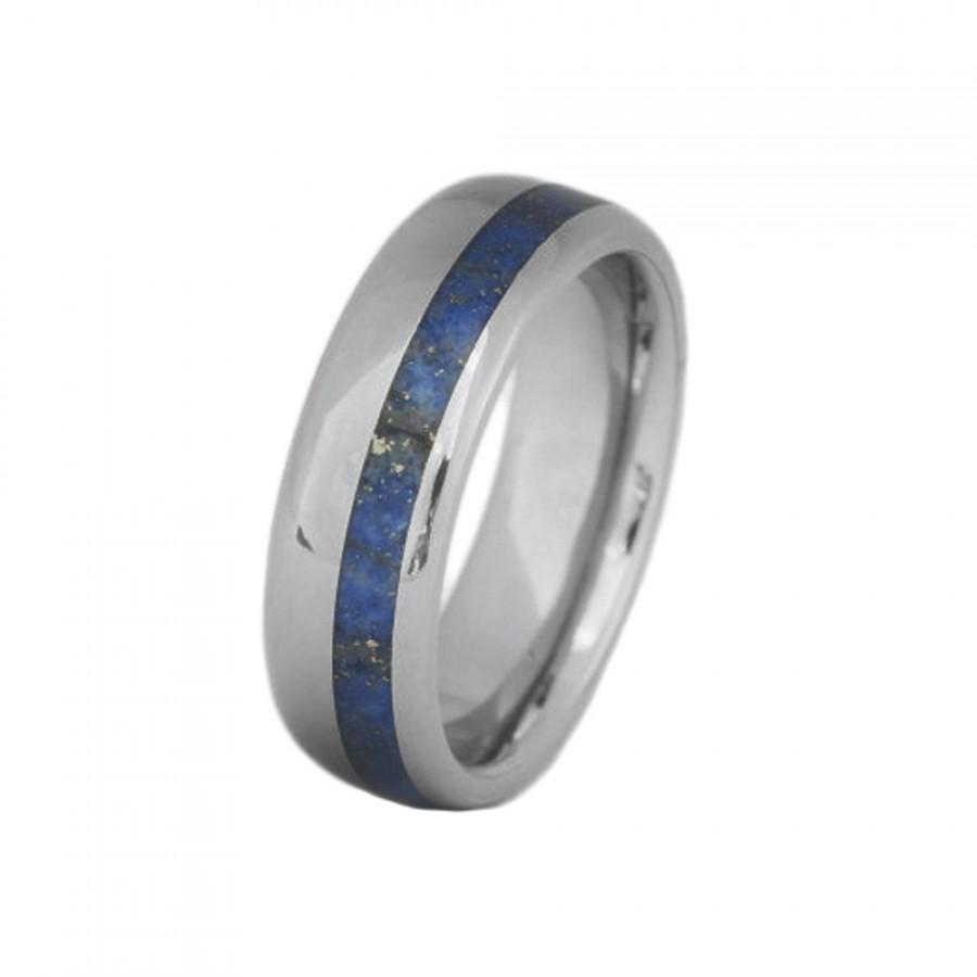 Свадьба - Men's Titanium Ring inlaid with off center Lapis Lazuli