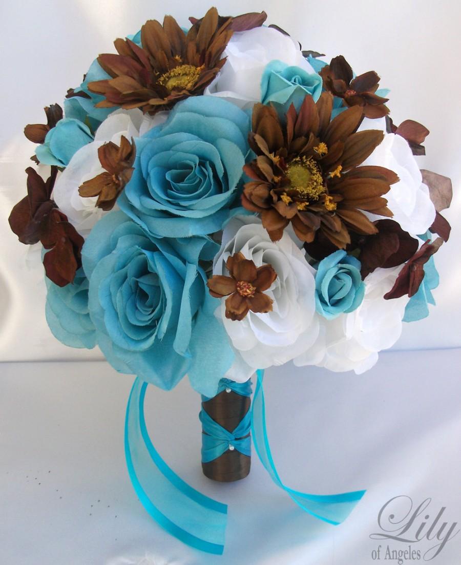 Hochzeit - 17 Piece Package Wedding Bridal Bride Maid Of Honor Bridesmaid Bouquet Boutonniere Corsage Silk Flower TURQUOISE BROWN "Lily Of Angeles"