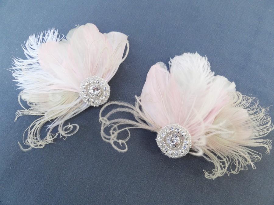 Hochzeit - Pale Pink Bridal Fascinators, Bridesmaid, Set of 2, Swarovski Crystal, Feather Head Piece, Champagne, Ivory White, Peacock Feathers