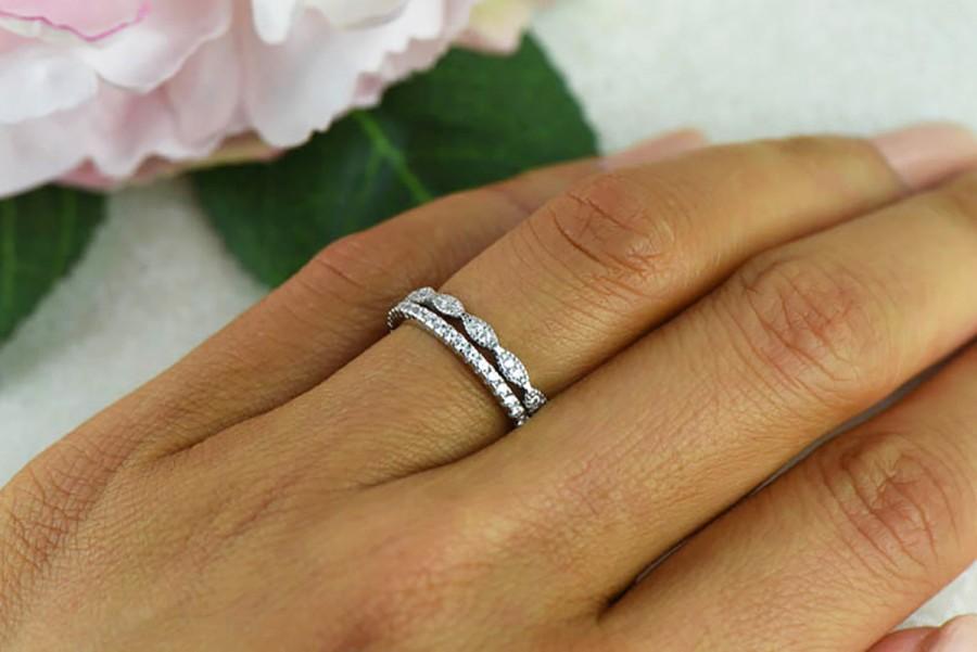 Wedding - Art Deco Wedding Band and Half Eternity Band, Delicate Bridal Rings, 1.5mm Engagement Ring, Man Made Diamond Simulants, Sterling Silver