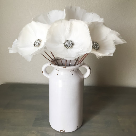 Hochzeit - Rhinesstone Feather Flower Stemmed - Bridal Bouquet - White - Wedding - Home Decor - Floral Arrangement - Table Centerpiece - Elegant