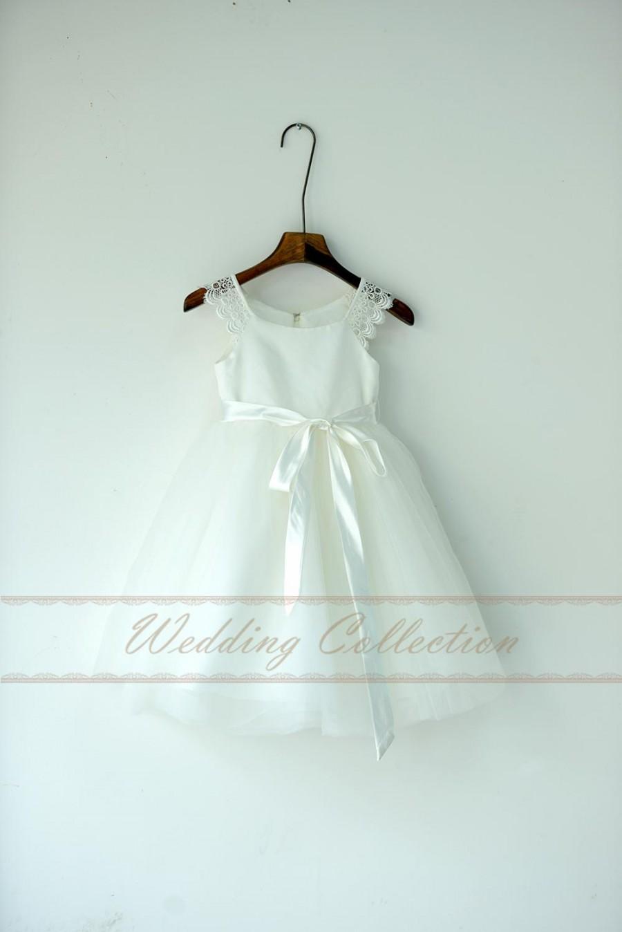 Hochzeit - Lace Straps Neckline Tulle Flower Girl Dress Tea Length Ivory Sashed