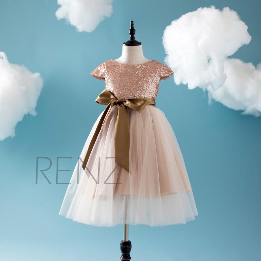 Hochzeit - 2016 Beige Soft Tulle Bridesmaid Dress with Gold Belt, Rose Gold Sequin Flower Girl Dress with Cap Sleeve Floor Length (HK203)