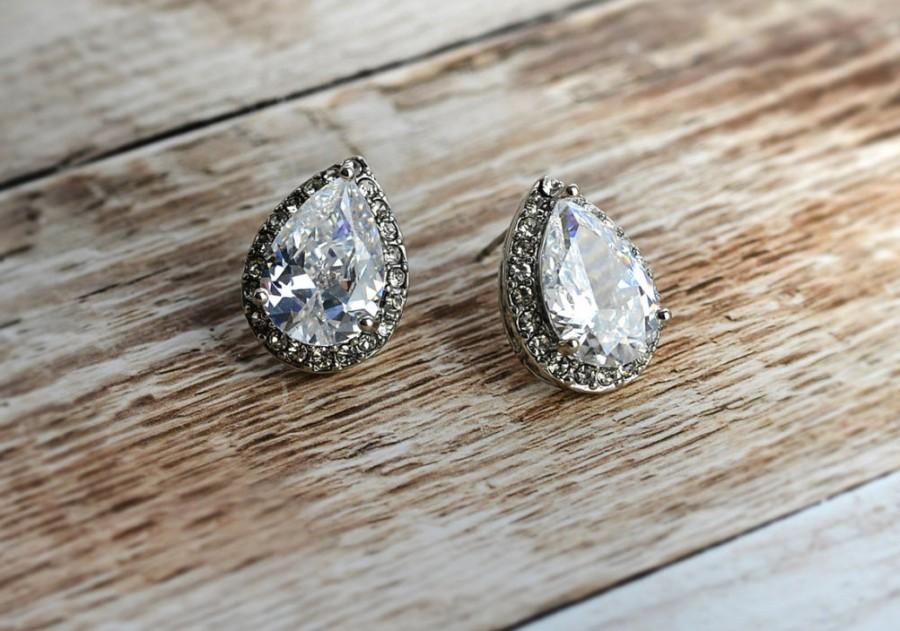 زفاف - Vintage Style Pear Shaped earrings, Wedding teardrop earrings, Bridesmaid earrings, bridal crystal cz earrings, 1920s earrings - 'ANNIKA'