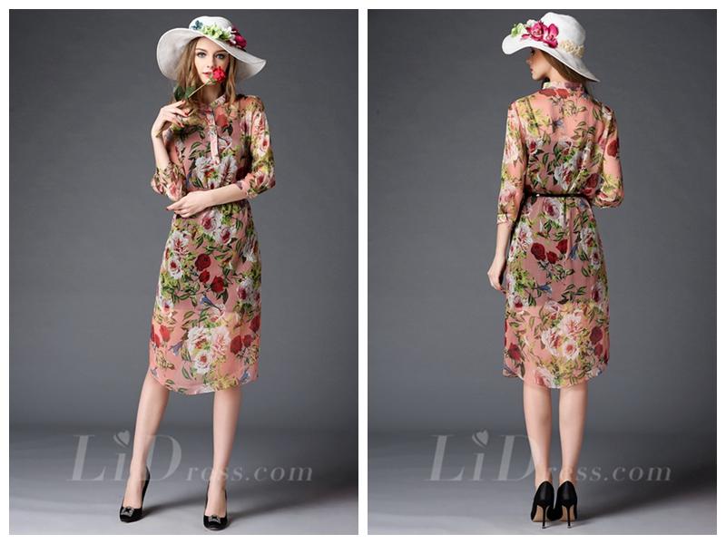 زفاف - Half Sleeves Flower Print Tea-length Fashion Dress