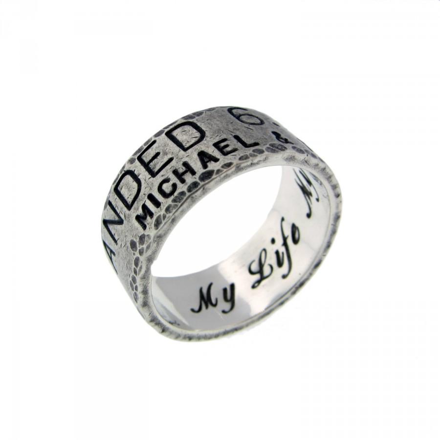 زفاف - Custom Duck Band Wedding Ring Personalized Sterling Silver Classic Commitment Jewelry Hand Stamped Banded Date Names Engraved Handmade Fine