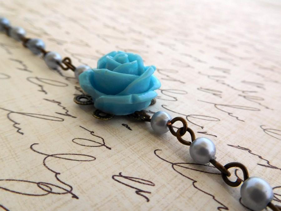 Hochzeit - blue bridal jewelry light blue flower bracelet vintage style beaded bridesmaid gift romantic jewelry flower bracelet rose cabochon bracelet