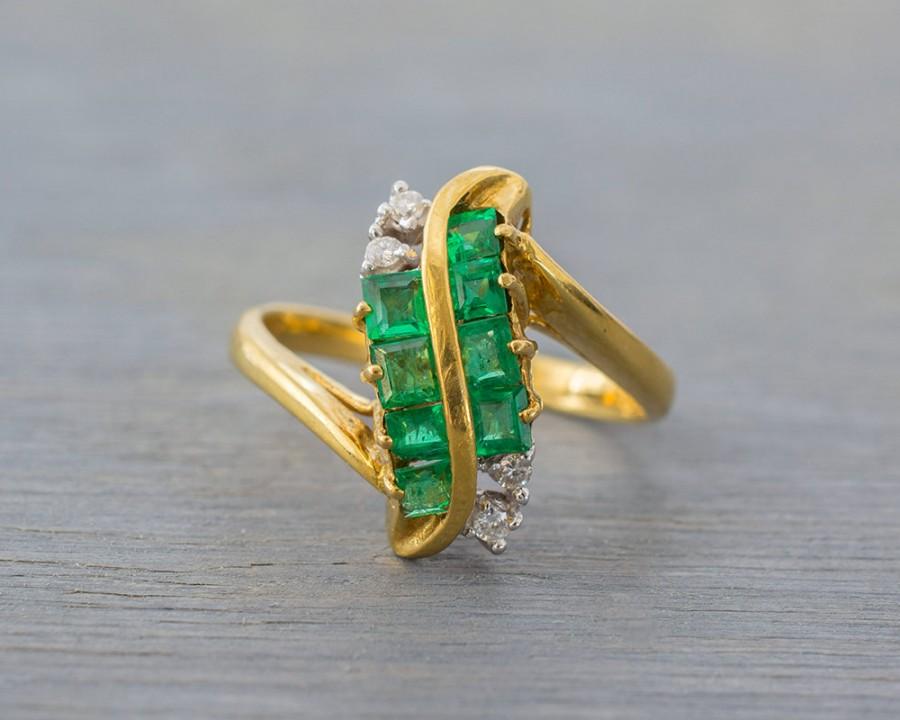 Wedding - 18k Yellow Gold S Shaped Emerald Diamond Ring - Vintage 1980s - Retro Engagement Anniversary Ring - May Birthstone