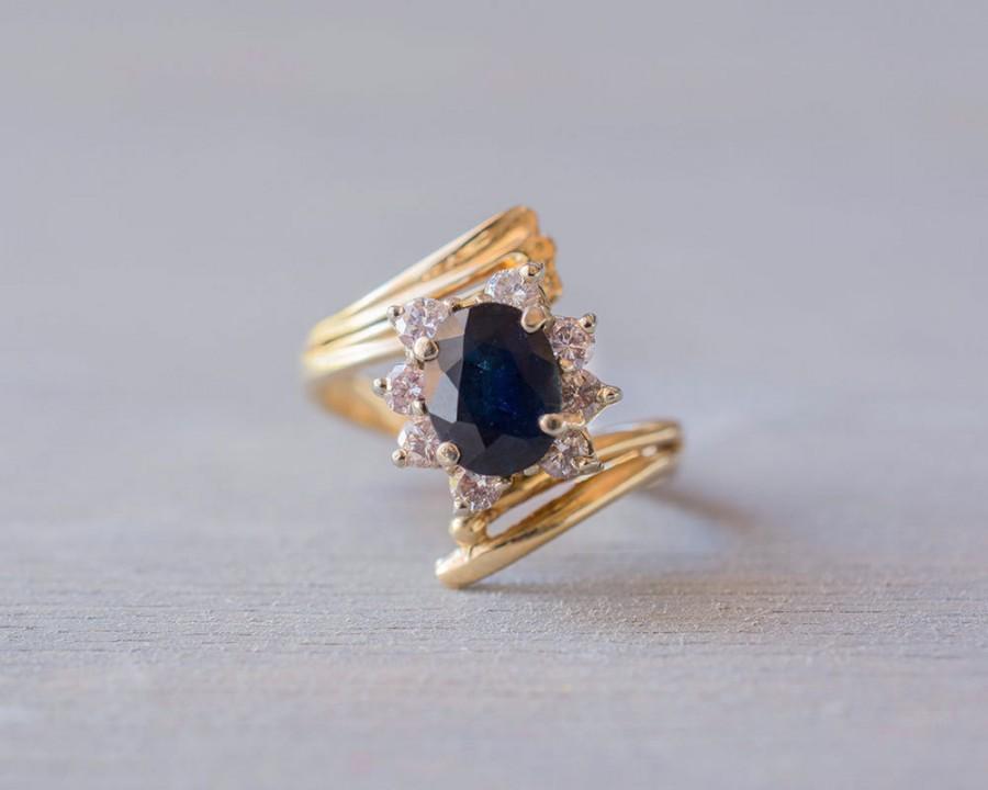 Mariage - Vintage 14k Gold Sapphire Diamond Ring - Blue Sapphire Yellow Gold Engagement Ring - Retro Anniversary Gift - September Birthstone
