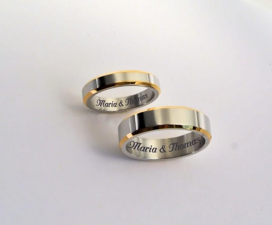 Wedding - Personalized Promise Rings Silver With Gold Rim Couple's Ring Set Engraved Free