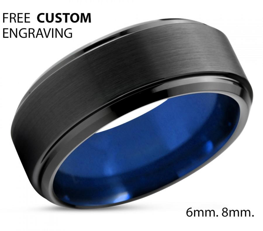 Hochzeit - Tungsten Ring Mens Black Blue Wedding Band Tungsten Ring Tungsten Carbide 8mm Tungsten Man Wedding Male Women Anniversary Matching