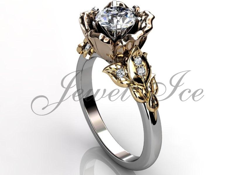 زفاف - 14k three tone white, rose and yellow gold diamond unusual unique flower engagement ring, bridal ring, wedding ring ER-1033-8