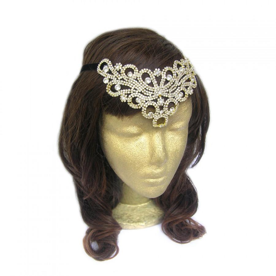 زفاف - Roaring 20s Headpiece Gold Rhinestone Headband Vintage Wedding Bridal Rhinestone Hairpiece Indian Wedding Flapper Headband Jeweled Headband