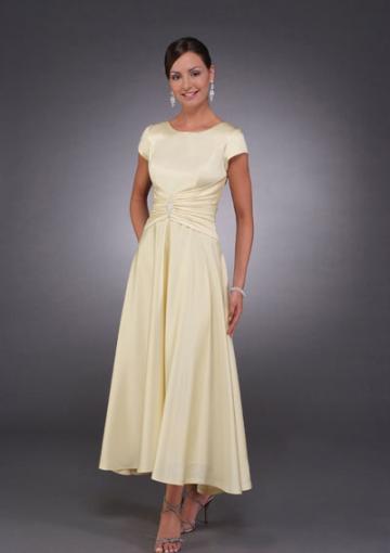 Mariage - Satin Short Sleeves Champagne Ruched Tea Length