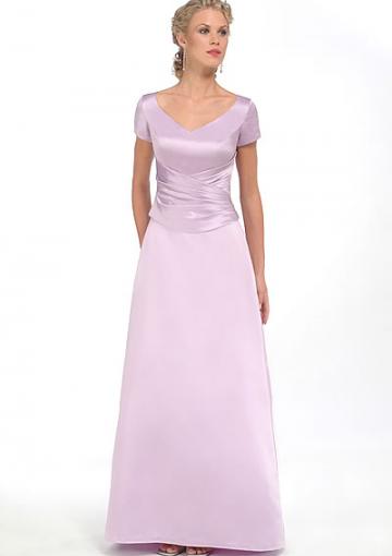 Mariage - Ruched Lilac Satin V-neck Short Sleeves Floor Length