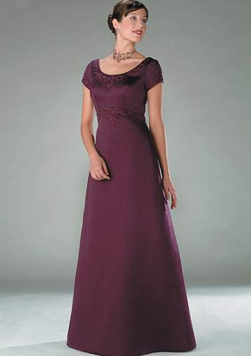 Mariage - Purple Appliques Satin Floor Length Scoop Ruched Short Sleeves