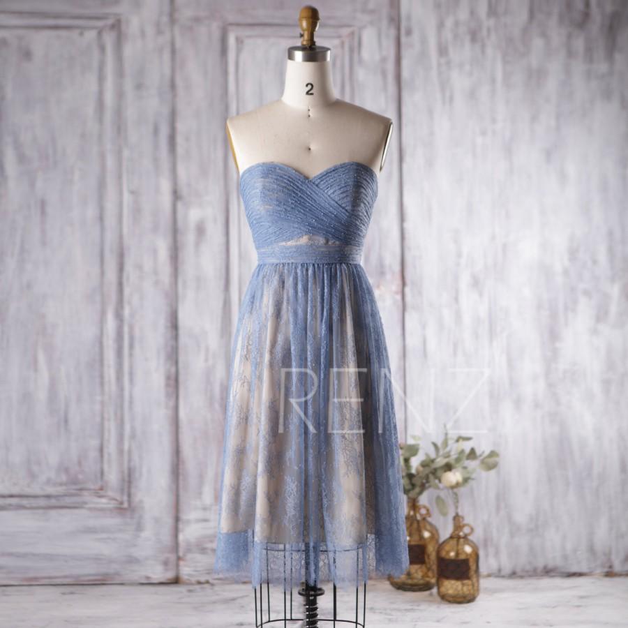 Hochzeit - 2016 Steel Blue Lace Bridesmaid Dress, Strapless Wedding Dress, Sweetheart Prom Dress, A Line Formal Dress Open Back Knee Length (LL097)