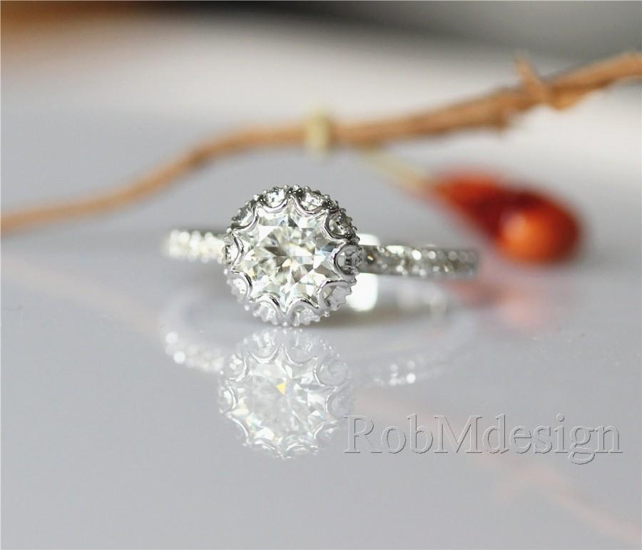 Mariage - Forever Brilliant Moissanite Ring Vintage 14K White Gold Moissanite Engagement Ring FB 6.5mm Moissanite Ring Half Eternity Engagement Ring