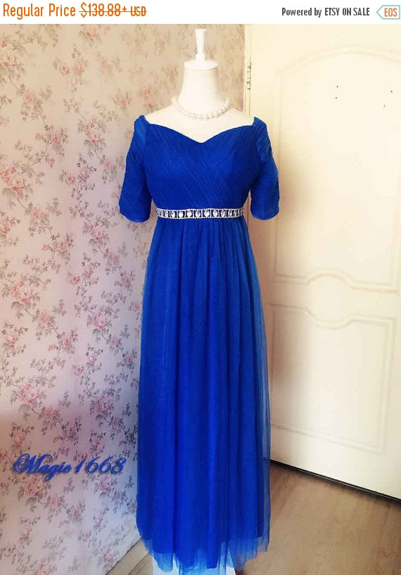 Свадьба - Royal Blue Wedding Dress, Off Shoulder Bridesmaid Dress with sleeves, Tutu High Waist Maternity Gown, Royal Blue Wedding Party, Custom(BD24)