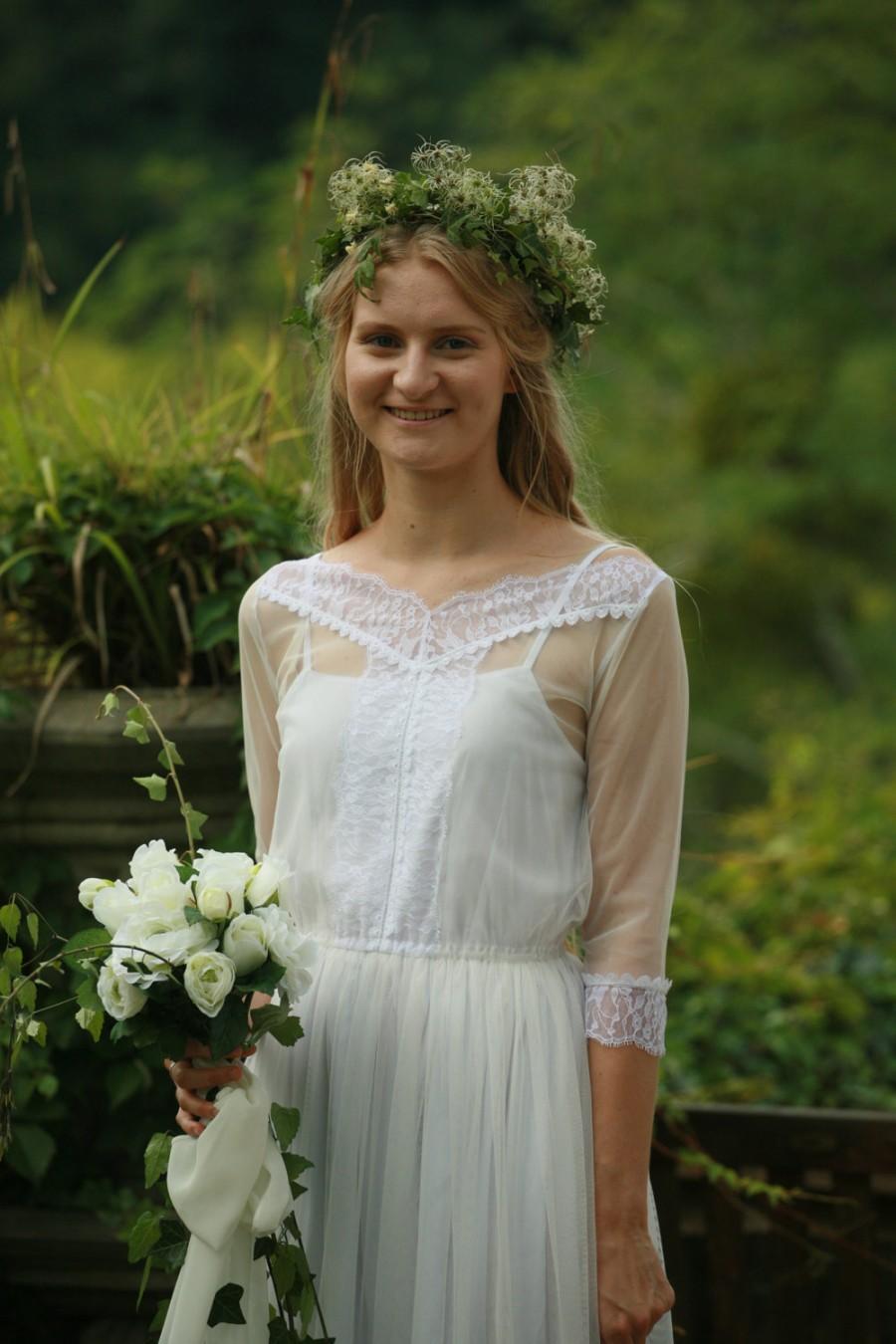 زفاف - Snow white delicate lace and tulle bridal gown, simple wedding dress - made by your measurments