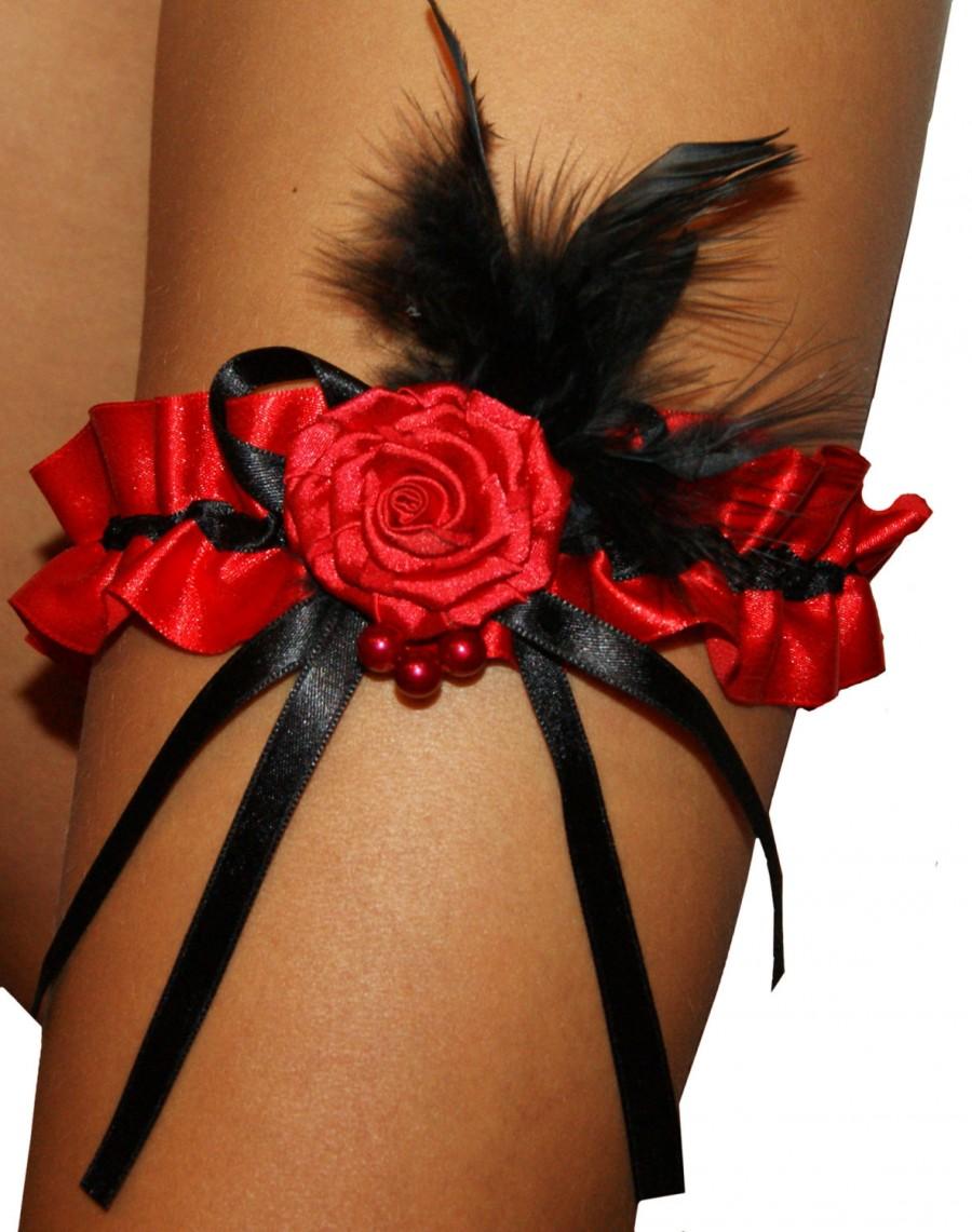 Wedding - Sexy flamenco garter for your wedding, hen night out, go-go dancing or just special occasion satin red black pearls feather boa