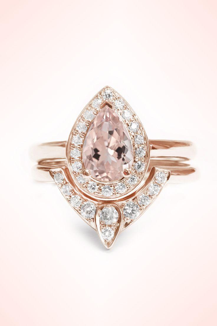 زفاف - Pear Morganite Engagement Ring With Matching Side Diamond Band - The 3rd Eye , Engagement And Wedding Ring Set 14K White Gold