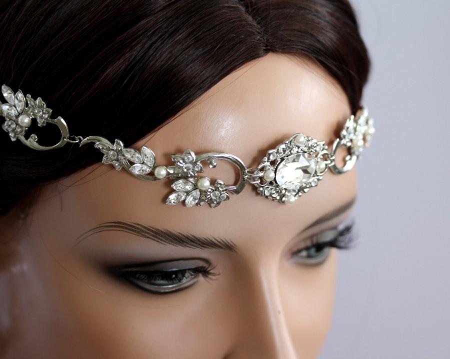 Hochzeit - Boho Wedding Headpiece Crystal Forehead Band Vintage Headband Silver Rhodium Halo Head piece Bridal Hair Accessory RYAN
