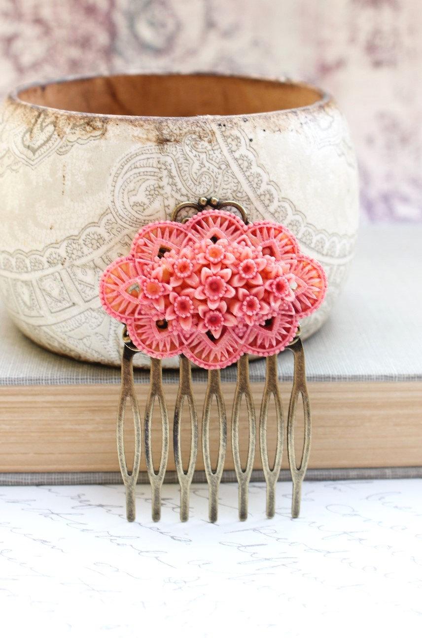 Wedding - Pink Flower Comb Brick Rose Hair Comb Pink Daffodil Vintage Style Shabby Chic Floral Bridal Hair Bridesmaids Accessories Summer Wedding