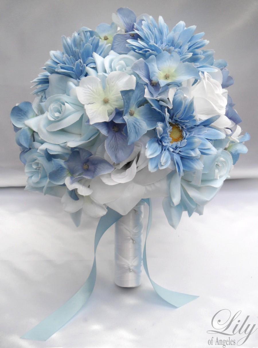 زفاف - 17 Piece Package Wedding Bridal Bride Maid Of Honor Bridesmaid Bouquet Boutonniere Corsage Silk Flower BABY BLUE "Lily Of Angeles" WTBL05