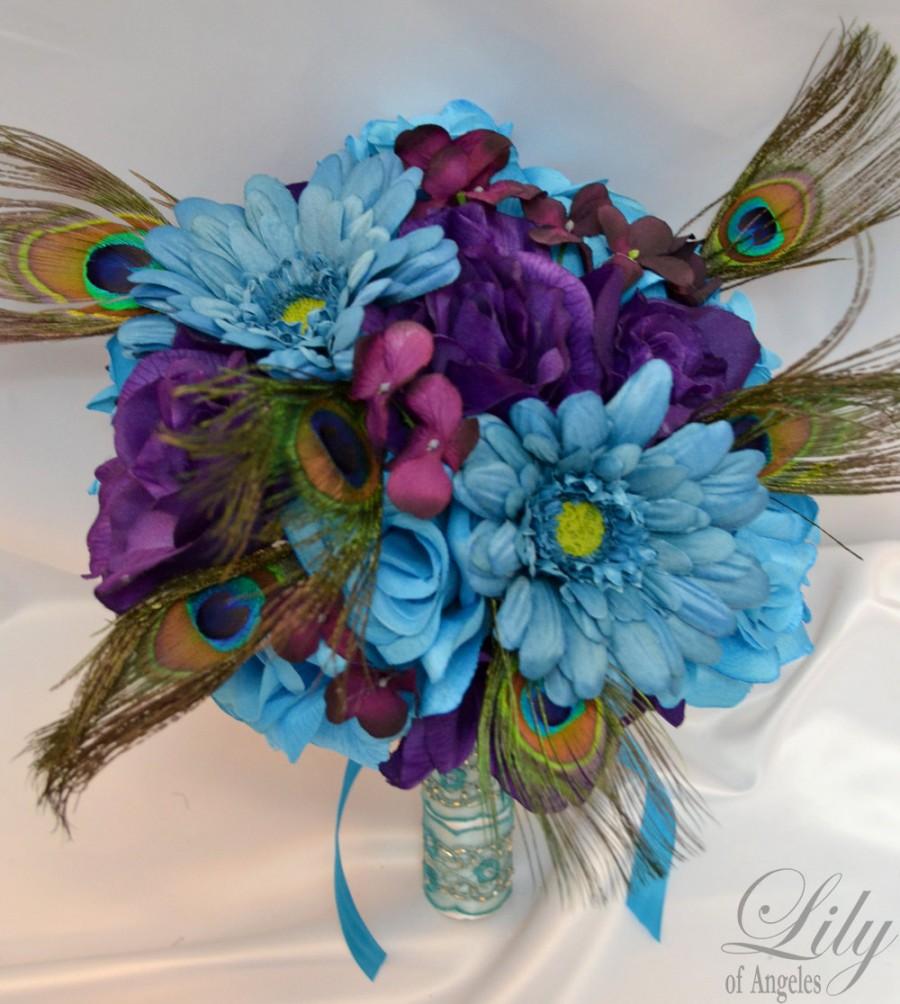 Hochzeit - 17 Piece Package Wedding Bridal Bride Maid Of Honor Bridesmaid Bouquet Corsage Silk Flower PURPLE Peacock TURQUOISE MALIBU "Lily of Angeles"