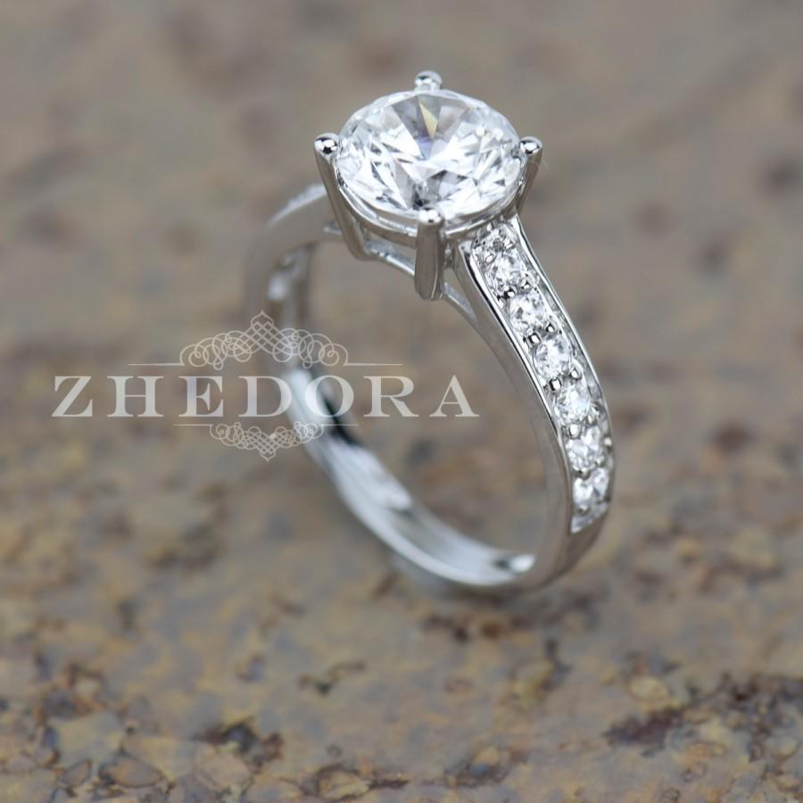 Hochzeit - 2.30 Round Cut Solitaire Engagement Wedding Ring Accent 14k White Gold Bridal Jewelry