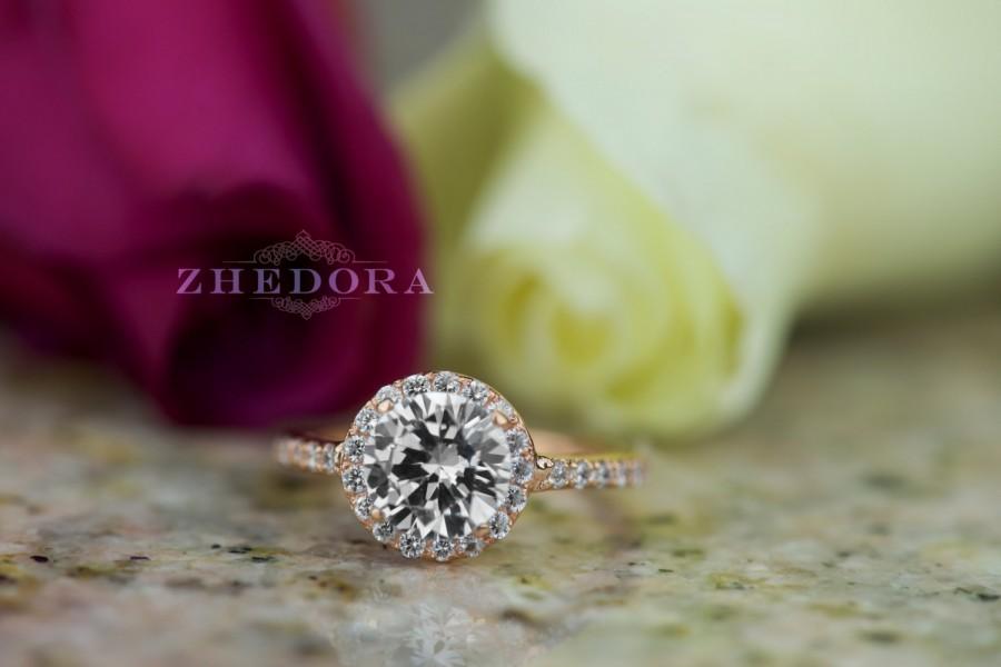 Hochzeit - 2.50 CT Engagement Ring Round Cut Halo Solid 14K or 18K Rose Gold Bridal Bridal