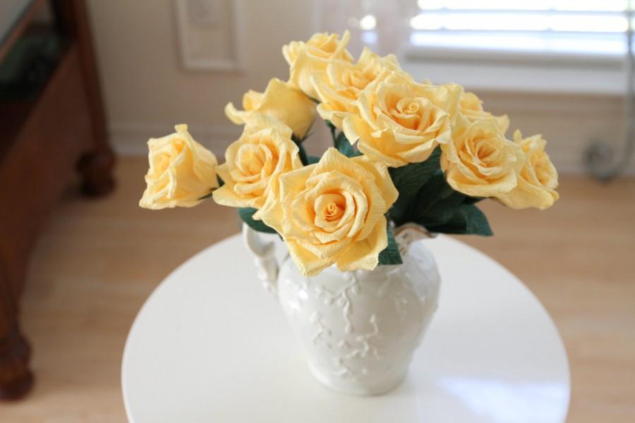 زفاف - 10 Roses _ Crepe paper roses- wedding decoration- yellow roses- house decoration- gift - party decoration- paper flower - paper rose.
