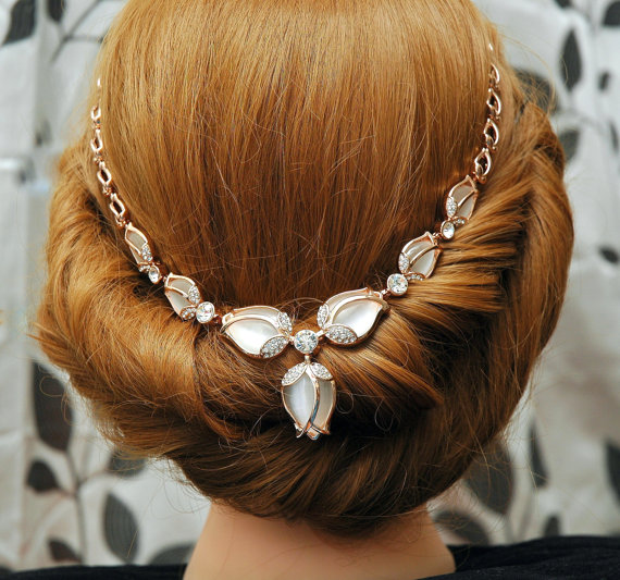 Mariage - Rose Gold Headpiece Wedding Headband Tulip Flower Hair Piece Rose Gold Jewelry Cats Eye Jewelry Hair Chain Headpiece