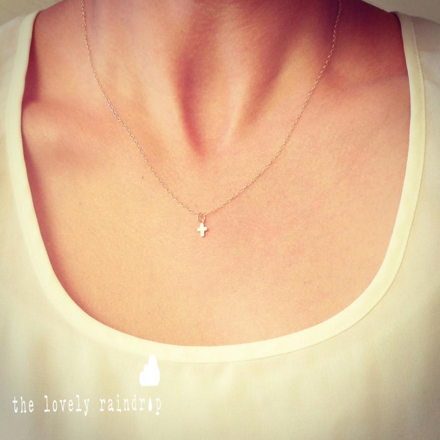 Wedding - Tiny Cross Necklace in Gold - Little Dainty Cross Charm on Gold Filled Fine Cable Chain - Faith Necklace - layering long the lovely raindrop