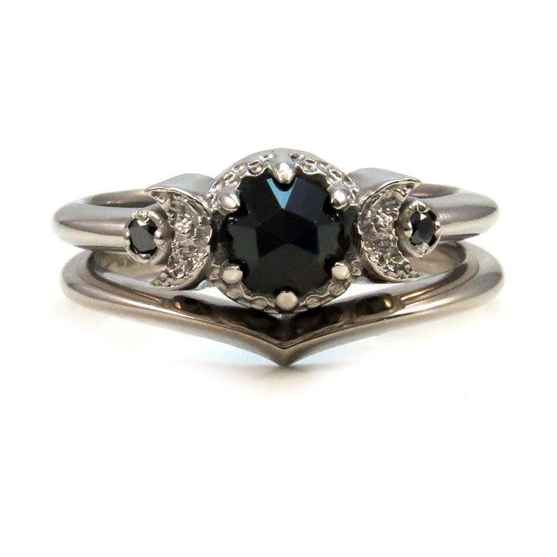 Hochzeit - Crescent Moon Engagement Ring Set - 14k Palladium White Gold with Black Diamonds and Black Spinel or Black Diamond