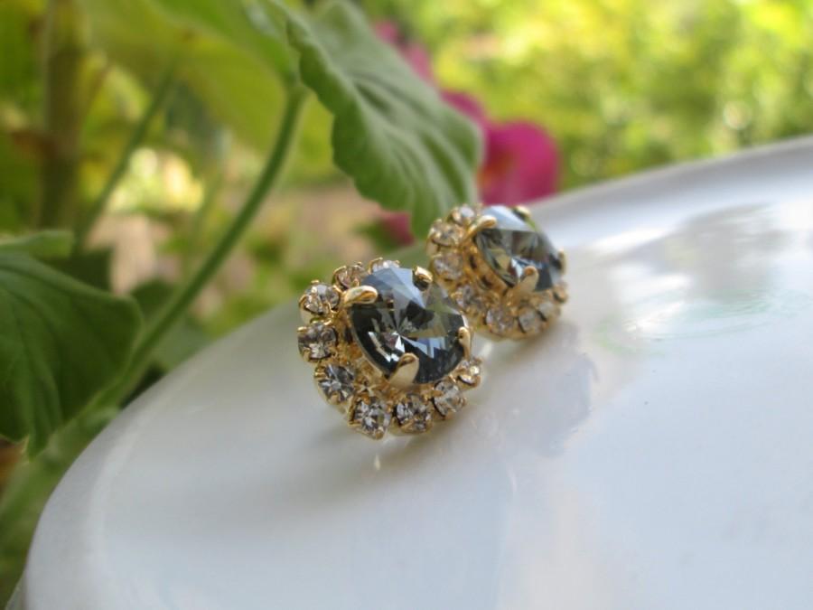 Hochzeit - Black Diamond Smoky Gray Crystal Rhinestone Stud Earring - 14k Thick Gold Plated Post Earrings Real Swarovski Rhinestones
