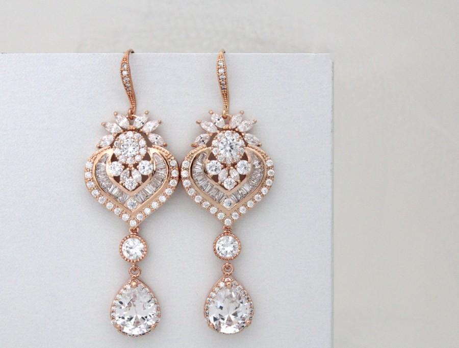 زفاف - Rose Gold Wedding earrings, Rose gold Bridal earrings, Wedding jewelry, Long Bridal earrings, Gold earrings, Crystal bridal earrings, EMMA