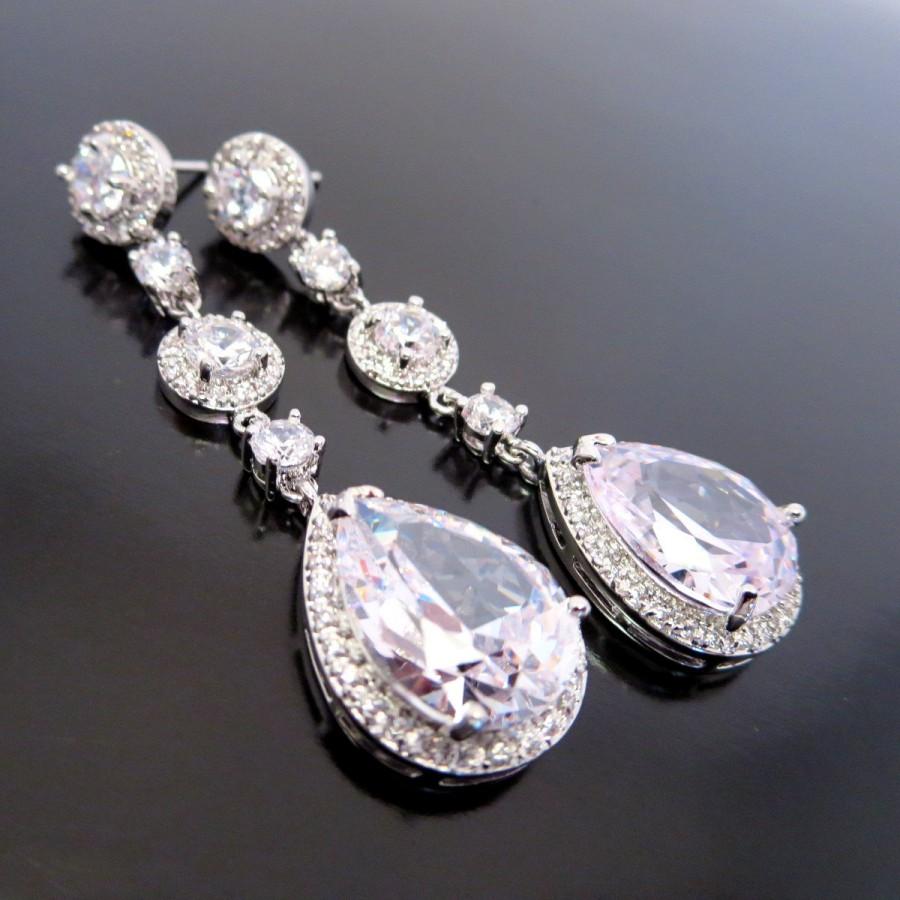 زفاف - Bridal earrings, Wedding earrings, Bridal jewelry, Long earrings, CZ dangle teardrop earrings, Rhinestone earrings, Bridal crystal earrings