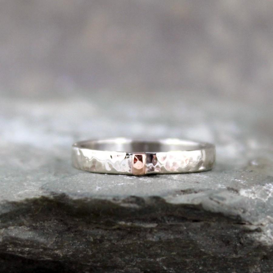 Hochzeit - 3mm 14K White Gold Wedding Band with 14K Rose Gold Vertical Bar - Hammered Texture - Unisex Bands - Mixed Metal Rings - Commitment Rings