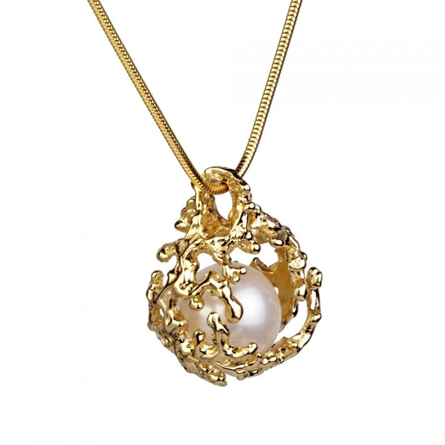 زفاف - CORAL NEST 14K Gold Pearl Pendant Necklace, Gold Pearl Necklace Wedding, Bridal Jewelry Pearl, Bridal Pearl Necklace