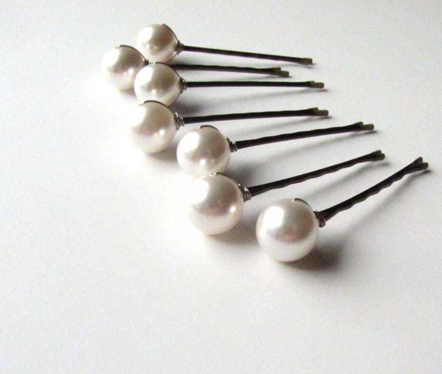 Свадьба - Large Hair Pin Pearls, White Swarovski, Modern Wedding Hairpins 14mm