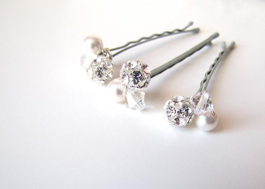 Hochzeit - Bridal Hair Pins White Crystal Rhinestone Pearl Clusters, Set of 3