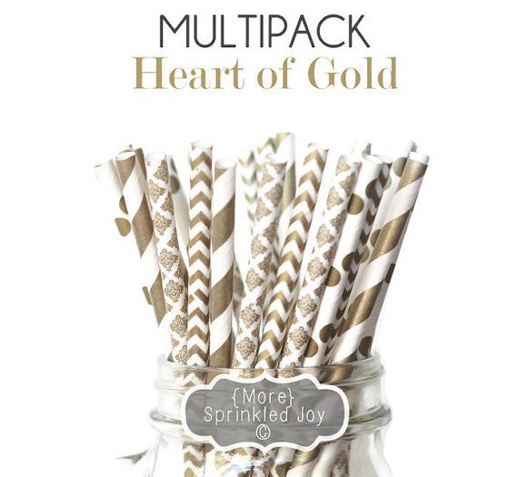 Mariage - GOLD Mix Multipack, Straws, Gold, Chevron, Dots, Stripes, 25 Straws, Shower, Bridal, Damask, Polka, Party, Wedding, Christmas, New Year