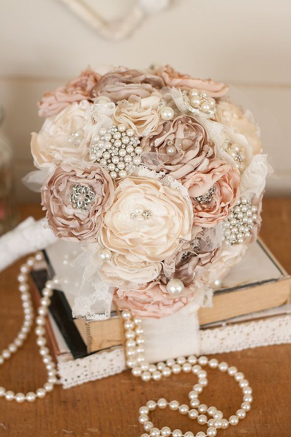 زفاف - Cream, Ivory And Teal Blue Satin And Lace Bridal Bouquet, Vintage Inspired Fabric And Brooch Wedding Bouquet