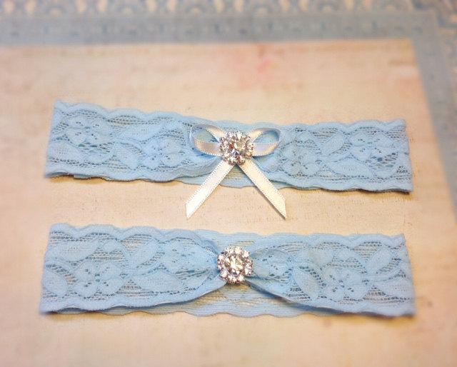 Hochzeit - Gorgeous Blue French Lace Bridal/Wedding Garter Set with Clear Crystal Rhinestone Embellishments