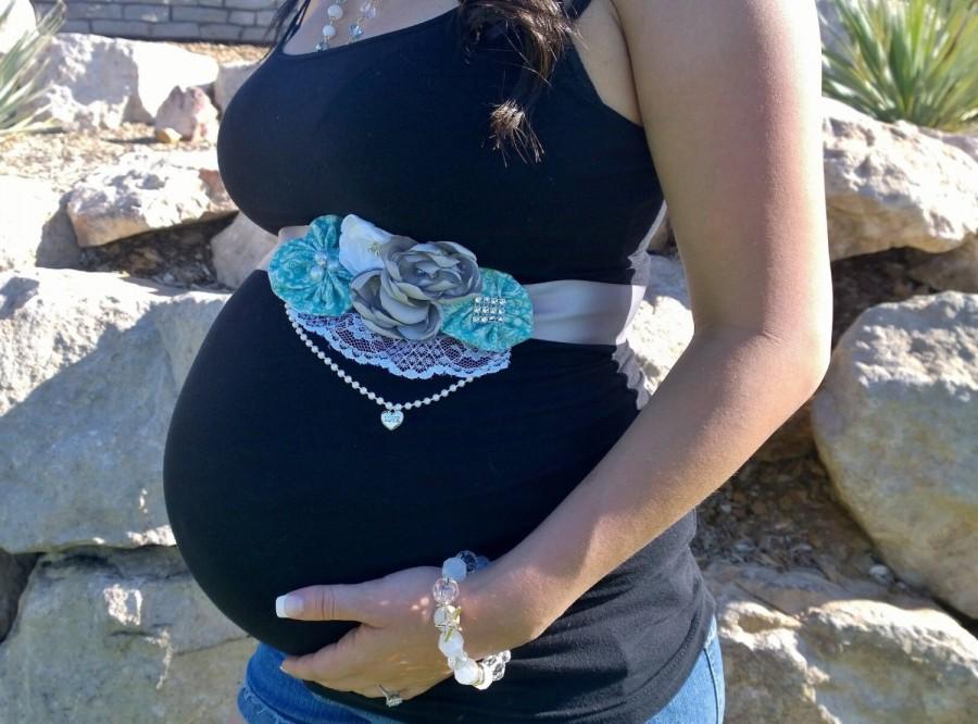 زفاف - Aqua and Grey Maternity Sash or Wedding Sash-  Photo Prop- Newborn Prop- Aqua Sash- Belly Sash