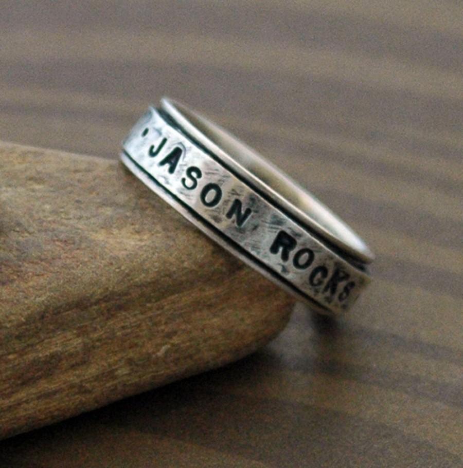 زفاف - Distressed Text Spinner Ring in Sterling Silver - Say what YOU want on this hand stamped ring with Uppercase Block Font