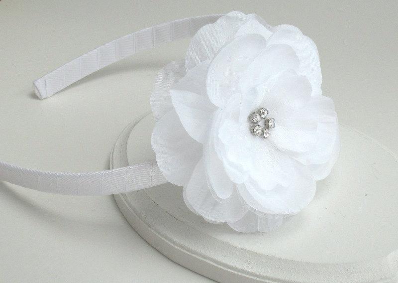 Hochzeit - White Flower Headband, Flower Girl Headband, White Rhinestone Flower on Hard Headband, First Communion, Headband for Girls